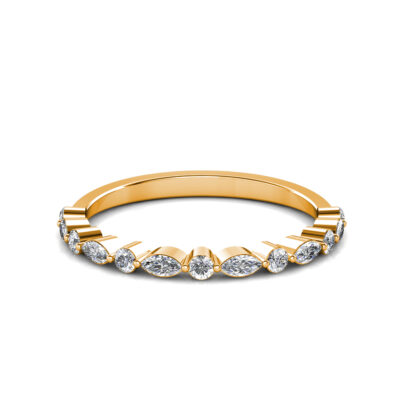 Front view of yellow gold marquise and round diamond half eternity ring