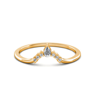 Front view of yellow gold pear diamond slim V contour ring