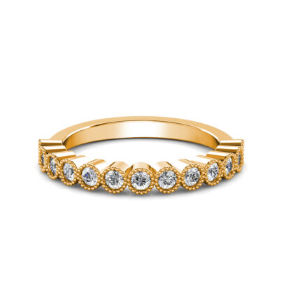 Front view of yellow gold milgrain bezel diamond half eternity band