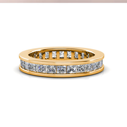 Front view of yellow gold princess cut channel-set eternity ring