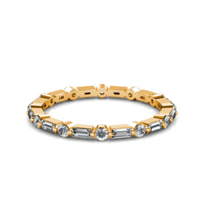 Front view of yellow gold baguette and round diamond station eternity band