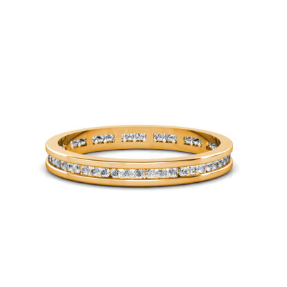 Front view of yellow gold slim channel-set diamond eternity band