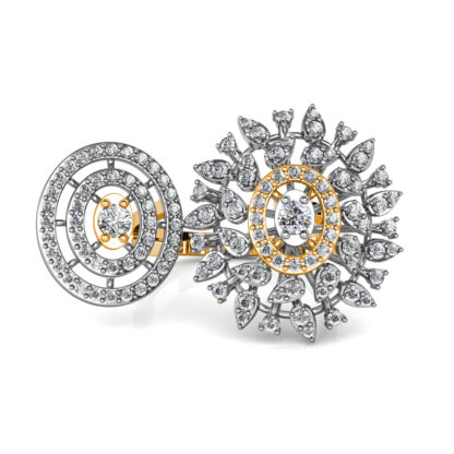 Front view of yellow gold two-finger diamond sunburst cocktail ring