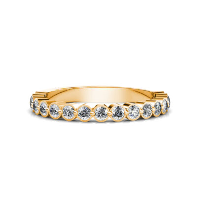 Front view of yellow gold bezel-set diamond half eternity band