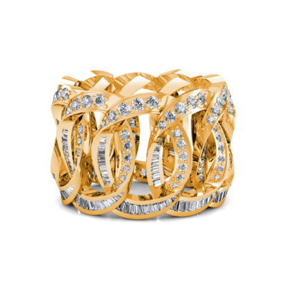 Front view of yellow gold interlocking loop baguette diamond wide ring