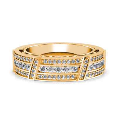 Front view of yellow gold wide channel and pave diamond band