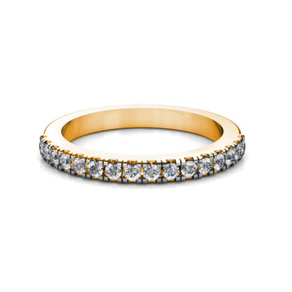Front view of yellow gold shared-prong diamond half eternity band