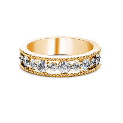 Front view of yellow gold beaded milgrain graduated diamond band