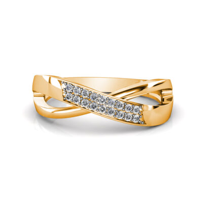 Front view of yellow gold pave diamond crossover wedding ring