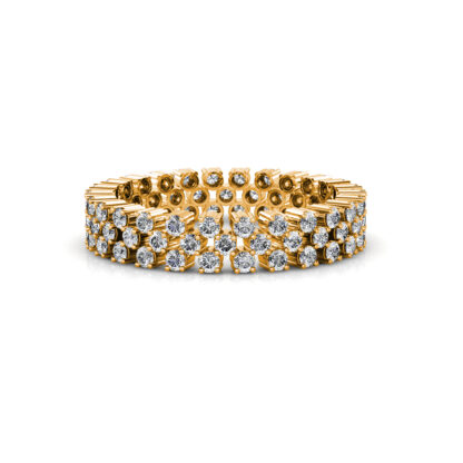 Front view of yellow gold double row staggered diamond eternity band