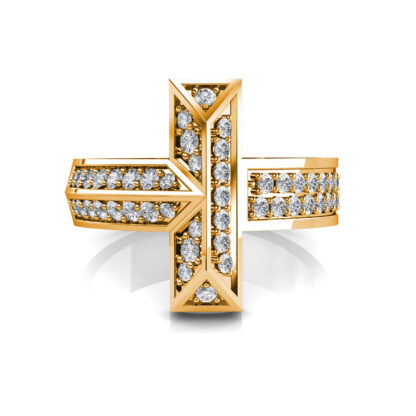 Top-down view of yellow gold pave diamond T shape statement ring