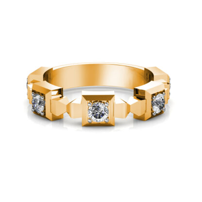 Front view of yellow gold geometric block bezel diamond band