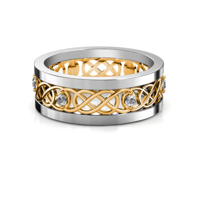 Front view of white gold and yellow gold Celtic knot openwork diamond band