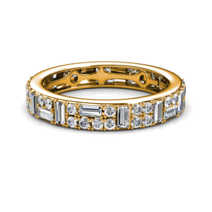 Front view of yellow gold baguette and round diamond eternity ring
