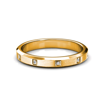Front view of yellow gold beveled edge flush-set diamond band