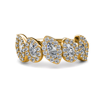Front view of yellow gold pear and marquise diamond halo band