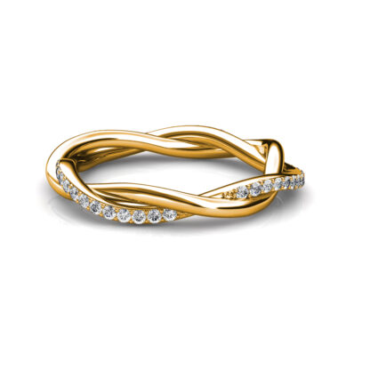 Front view of yellow gold twisted pave diamond rope band