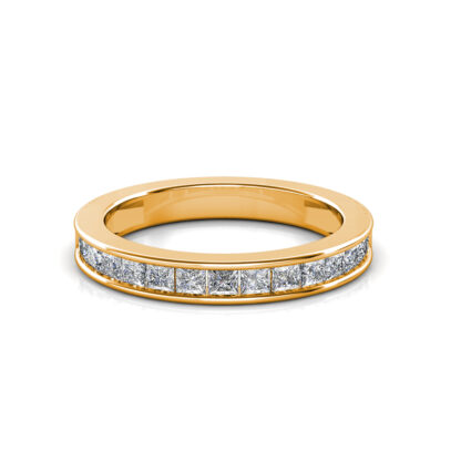 Front view of yellow gold princess cut channel-set diamond band ring