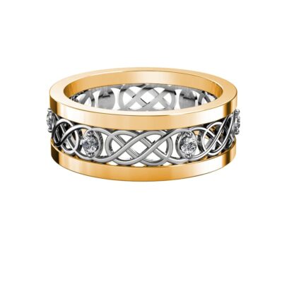 Front view of yellow gold and white gold Celtic knot openwork diamond band