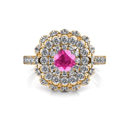 Top-down view of yellow gold pink sapphire diamond triple halo ring