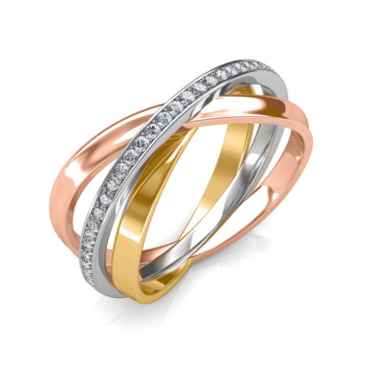 Perspective view of tri-tone interlocking diamond band ring