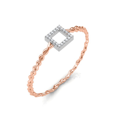 Perspective view of rose gold open square diamond rope twist ring