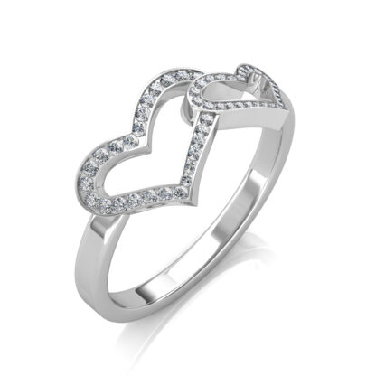 Perspective view of white gold interlocking diamond heart ring