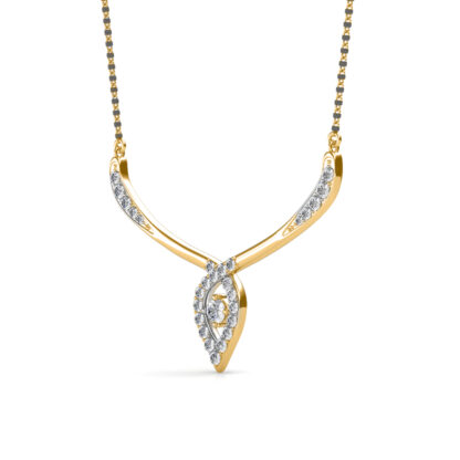 Front view of yellow gold mangalsutra with a diamond chevron and pear frame
