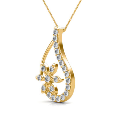 Side profile of yellow gold diamond floral pendant showing the flower detail