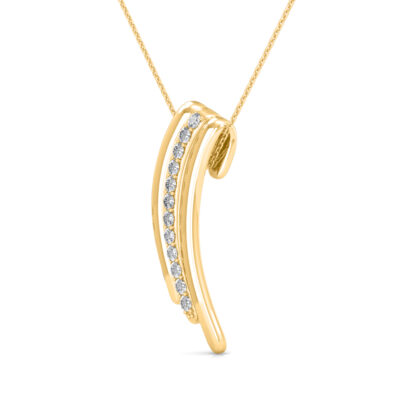 Side profile of yellow gold triple curve pendant showing bar depth