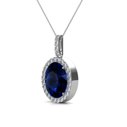 Side profile of white gold sapphire pendant showing the diamond halo depth