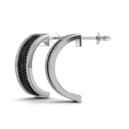 Side view of wide black diamond hoop earrings showing the white diamond border