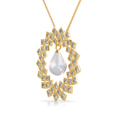 Side profile of yellow gold diamond rosette pendant showing the pearl drop depth