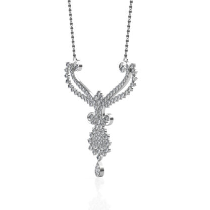 Side profile of white gold diamond mangalsutra pendant showing medallion depth