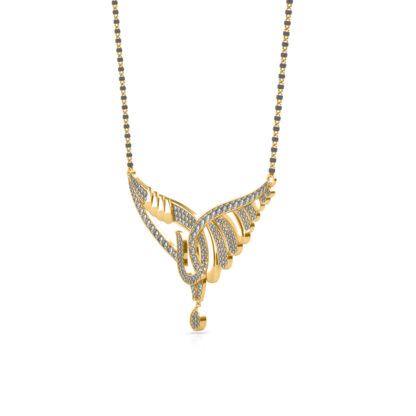 Side profile of yellow gold diamond mangalsutra pendant showing wing depth