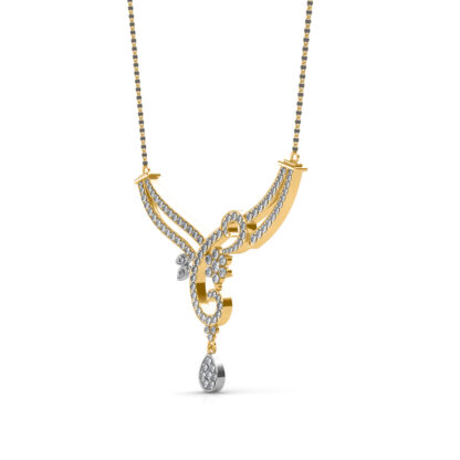 Side profile of yellow gold diamond mangalsutra pendant showing scroll depth