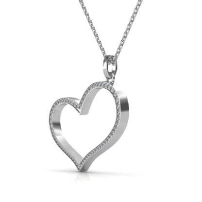 Side profile of white gold open heart diamond pendant showing outline depth