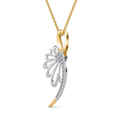 Angled view of two-tone gold diamond flower pendant showing the chain bail