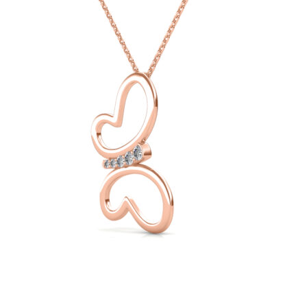 Angled view of rose gold diamond butterfly pendant showing the chain bail