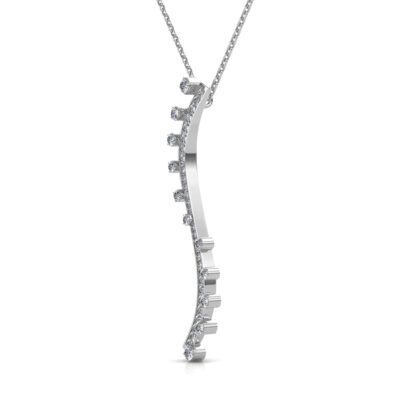 Side profile of white gold curved diamond bar pendant showing stone depth
