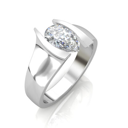 Pear shaped diamond engagement ring in white gold or platinum with a tension-style bar setting