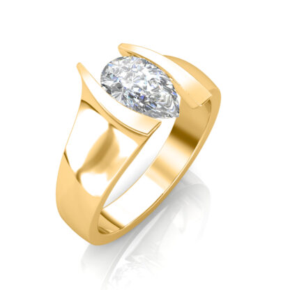 Pear shaped diamond engagement ring in yellow gold with a tension-style bar setting