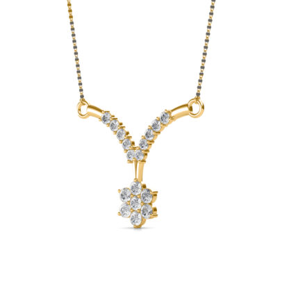 Side profile of yellow gold diamond mangalsutra pendant showing chevron depth