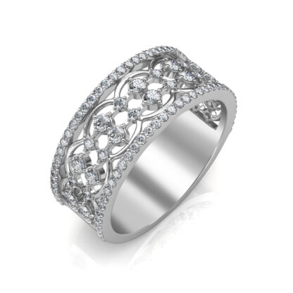 Perspective view of white gold wide openwork diamond band ring