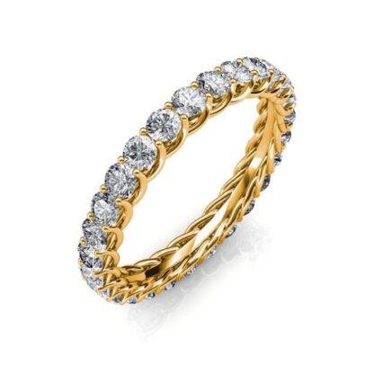 Perspective view of yellow gold U-prong full eternity ring with twisted gallery