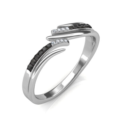 Perspective view of white gold black diamond wave crossover ring