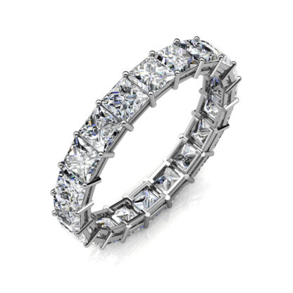 Perspective view of white gold or platinum princess cut diamond full eternity ring