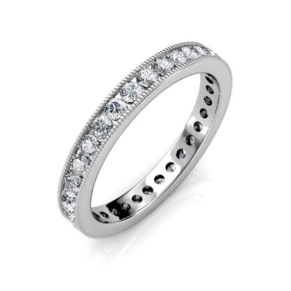 Perspective view of white gold milgrain channel-set diamond eternity ring