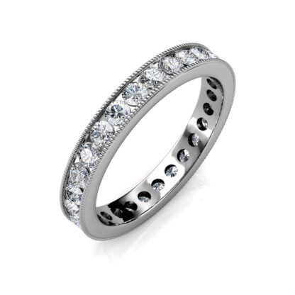Perspective view of white gold milgrain channel-set diamond eternity ring
