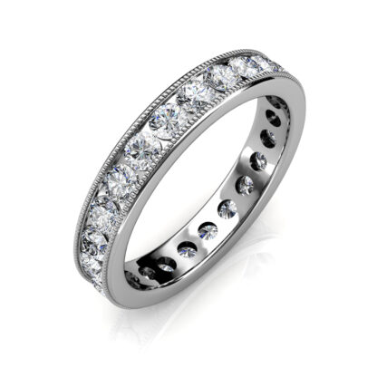 Perspective view of white gold milgrain channel-set diamond eternity ring